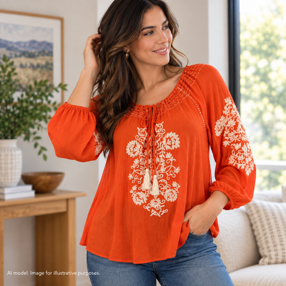 Karen Kane Shirt Women Large Orange Floral Embroidered Lux Boho Country Prairie